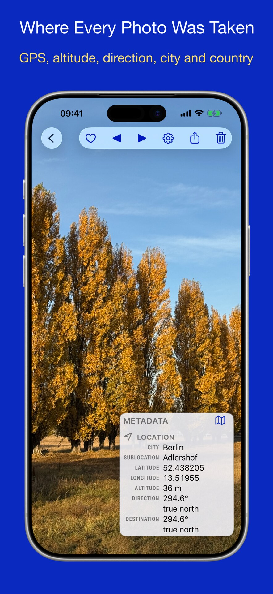 The overlay showing where a photo was taken: GPS coordinates, altitude and direction, with the city, region and country beneath them